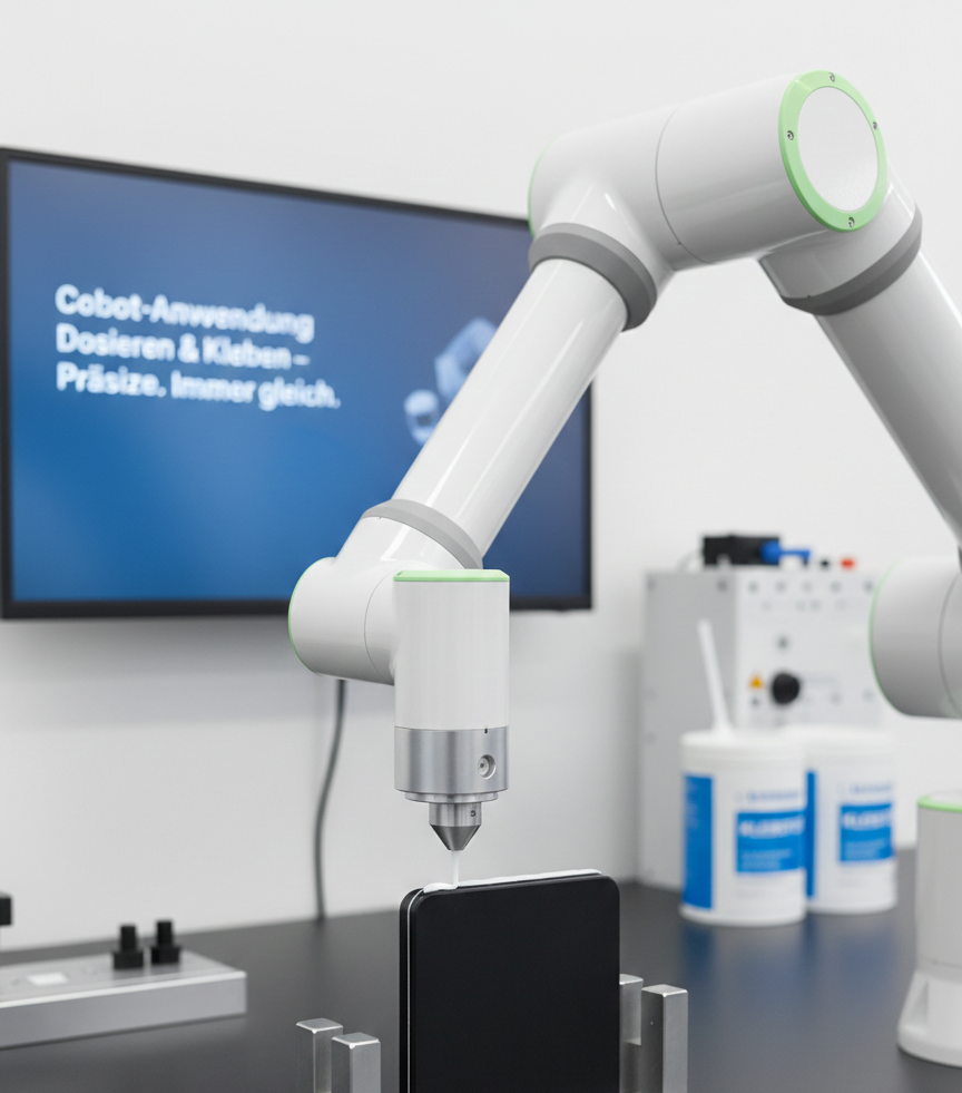 Cobot beim Dosieren und Kleben